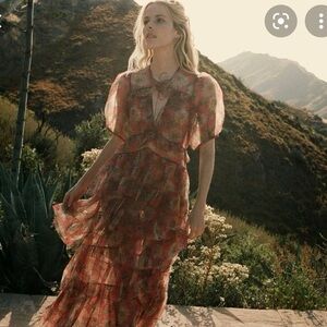 Doen Sheer Floral Maxi Dress in Rust and Green